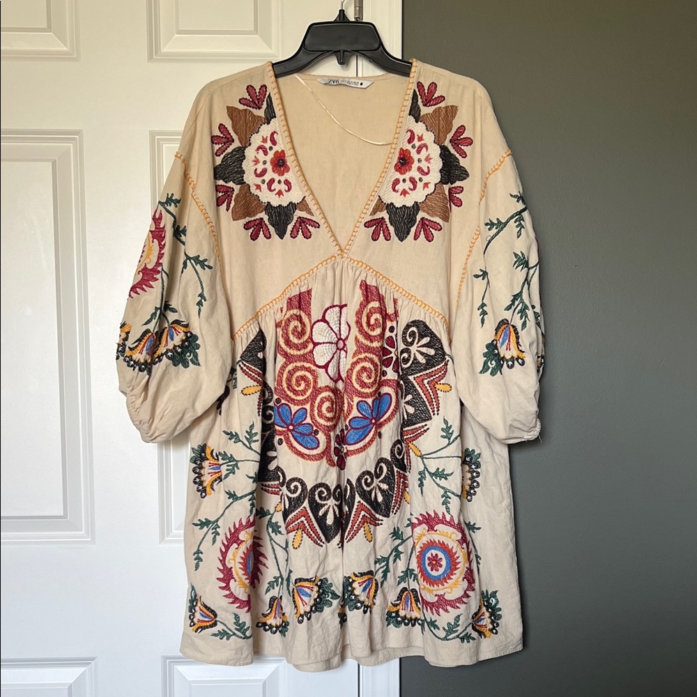 Zara - Embroidered Mini Babydoll Dress Size S Boho Linen Blend Tunic